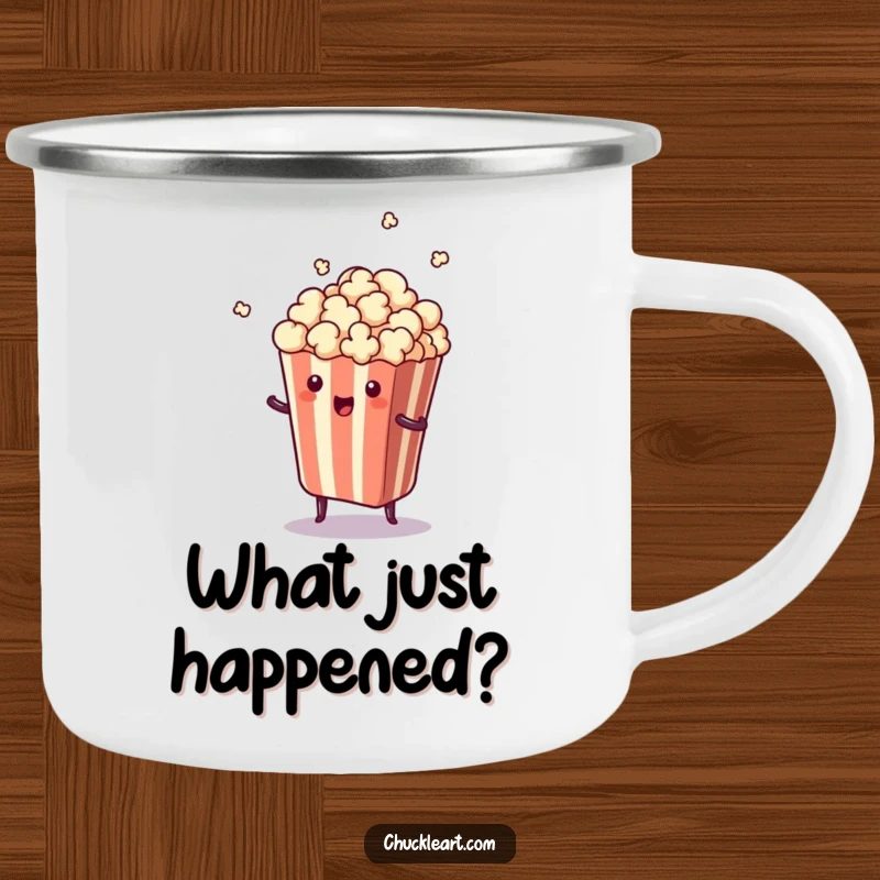 Funny camping mug featuring a piece of popcorn jumping out of its bag, designed for outdoor use and amusement.