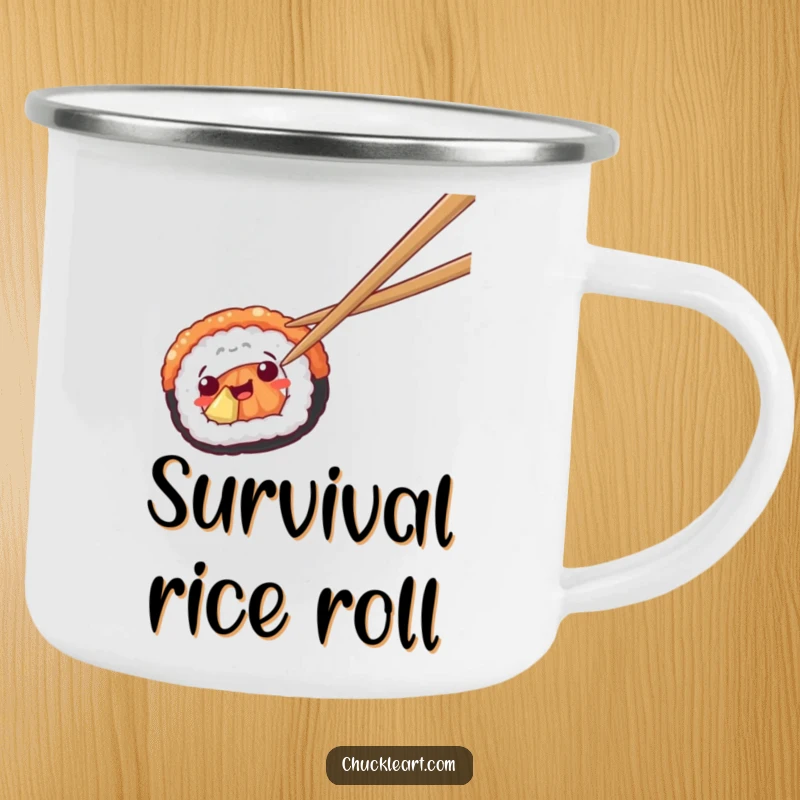 Funny camping mug with sushi escaping chopsticks, great for outdoor food humor.