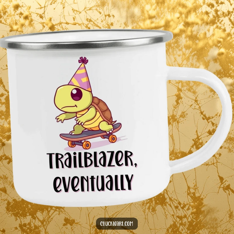 Funny camping mug of a turtle wearing a party hat, attempting to skateboard quickly, designed for outdoor fun with humor.
