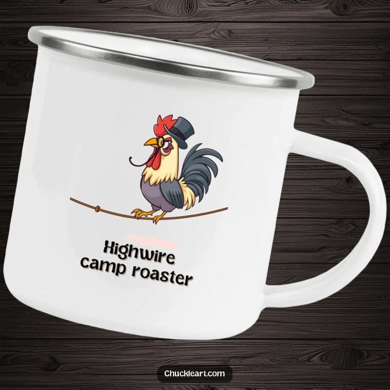 Funny camping mug with a proud rooster in a monocle and top hat, strutting on a tightrope outdoors.