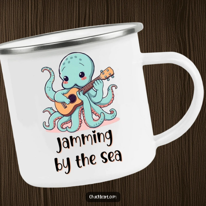 Durable camping mug showcasing a funny octopus hilariously playing a ukulele, perfect for enjoying drinks during outdoor adventures.
