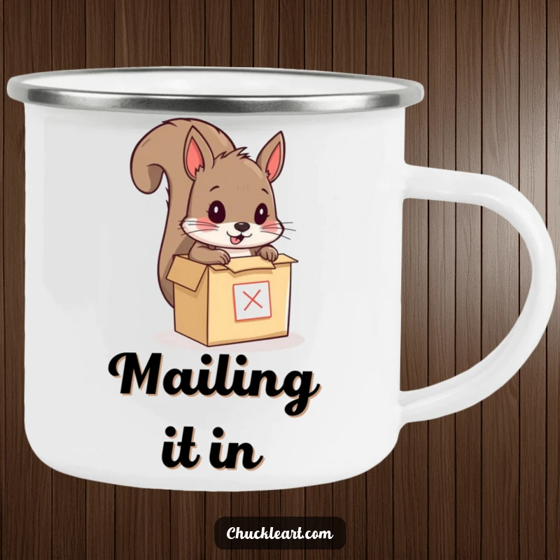 Funny camping mug showing a squirrel humorously squeezing into a small box, designed for outdoor enthusiasts who appreciate nutty adventures.