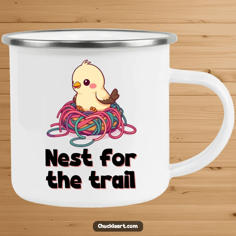 Funny bird camping mug showing a bird building a nest with colorful, tangled yarn, suitable for outdoor crafting and humorous mornings.