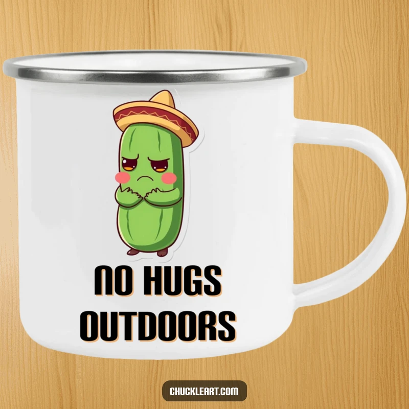 Funny camping mug featuring a grumpy pickle in a sombrero getting a big hug, perfect for outdoor humor.