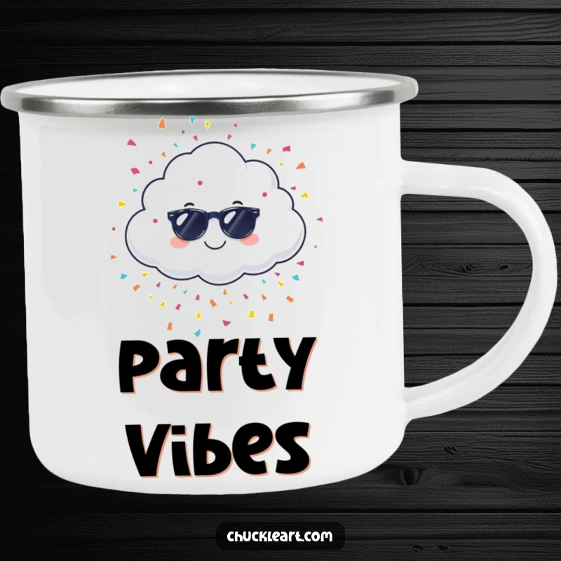 Funny giggling cloud wearing sunglasses, raining confetti, on a camping mug, for outdoor coffee and chuckles.