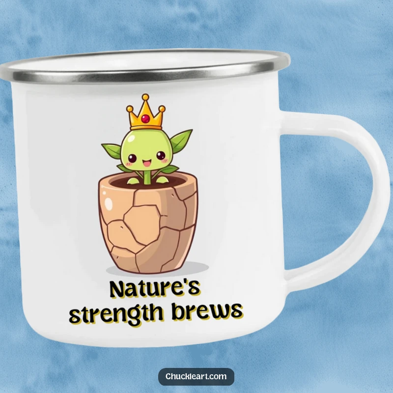 Durable camping mug featuring a proud little sprout wearing a crown, emerging from a cracked pot, symbolizing strength.