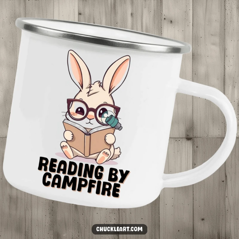 Funny rabbit camping mug showing a rabbit wearing oversized spectacles reading a microscopic book, suitable for outdoor reading and humorous sipping.