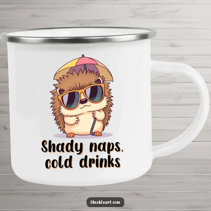 Funny camping mug featuring a grumpy hedgehog in sunglasses, ready for a nap, making outdoor sips hilariously relatable.
