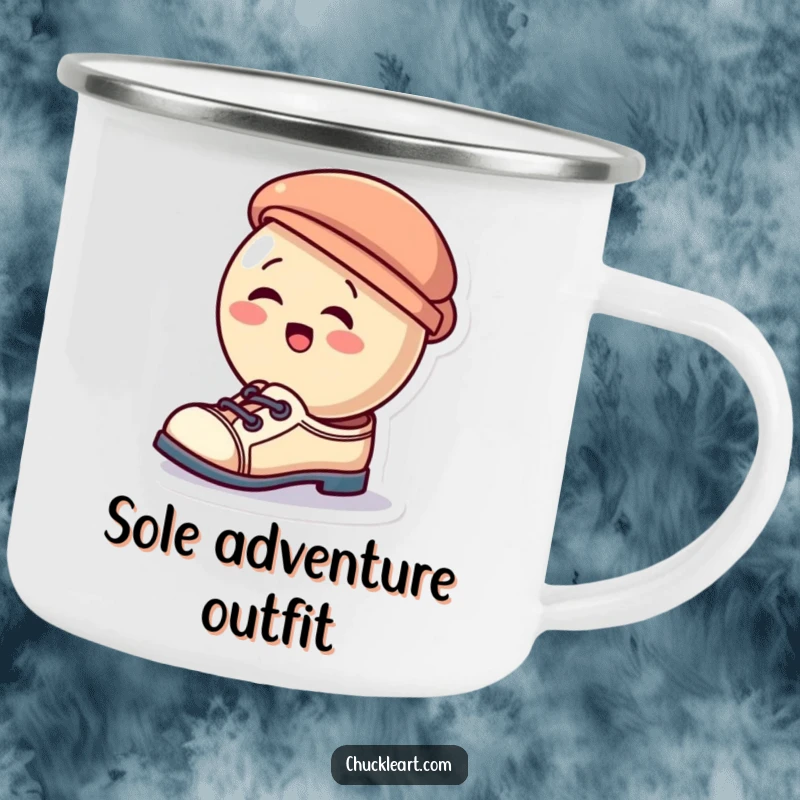 Funny camping mug featuring a giggling button character hilariously trying to wear a hat as a shoe, perfect for outdoor fun.