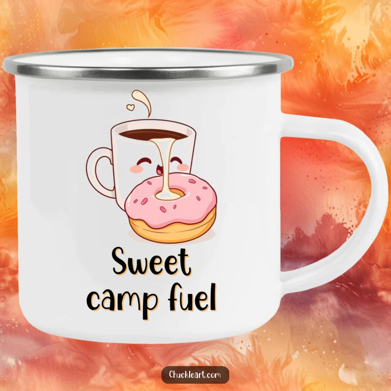 Funny camping mug with a winking coffee cup pouring milk into a surprised donut, perfect for outdoor fun.