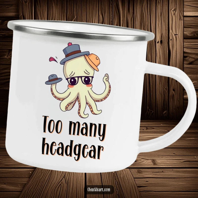 Funny confused octopus hilariously tangled in hats, on a durable camping mug, great for a funny gift.