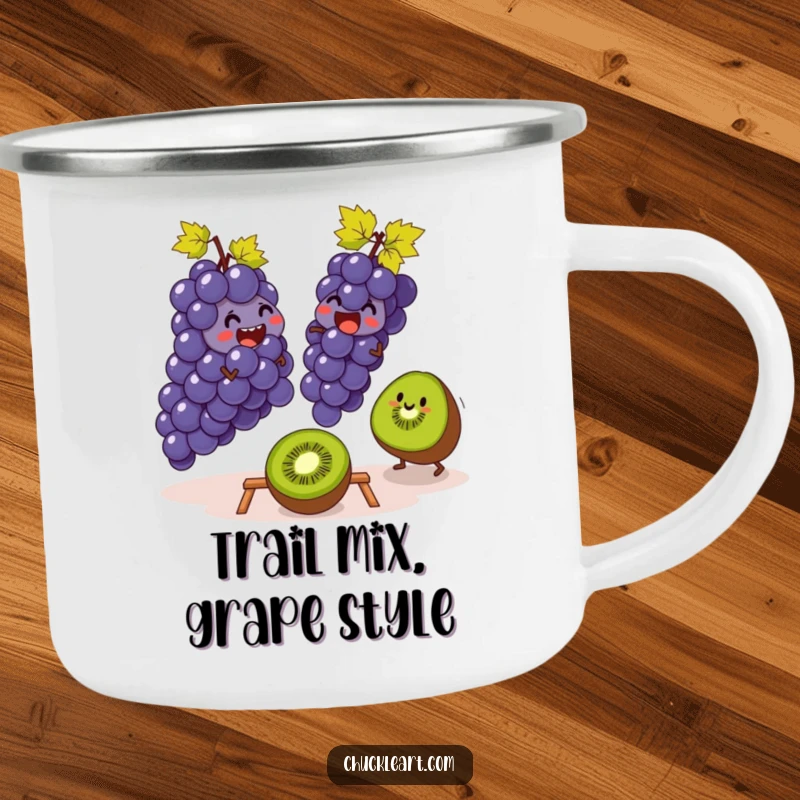 Funny camping mug depicting grapes playing leapfrog with a kiwi, perfect for outdoor use and adding a touch of humor to camp trips.