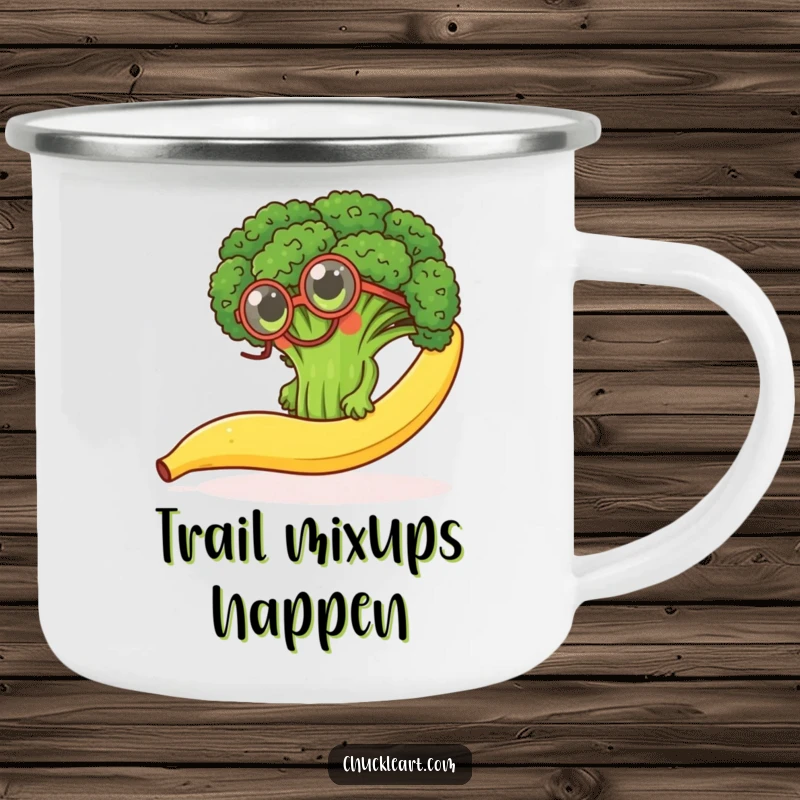 Funny enamel camping mug with a determined broccoli floret wearing a monocle, hilariously climbing a banana peel, for outdoor fun.