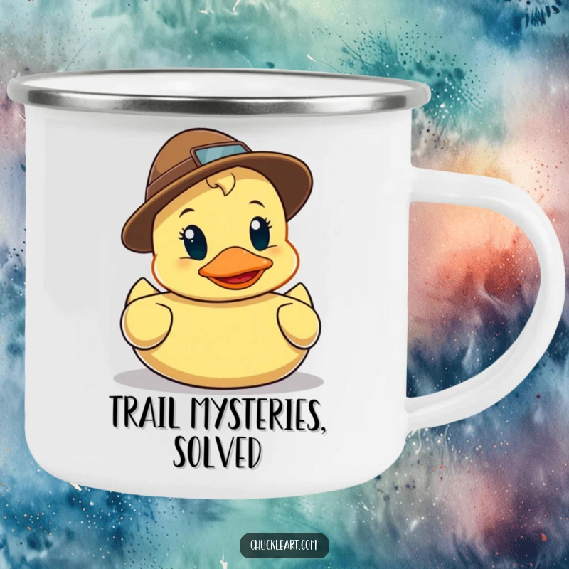 Funny camping mug showing a rubber duck detective with a hat and magnifying glass, searching for clues in an outdoor setting.