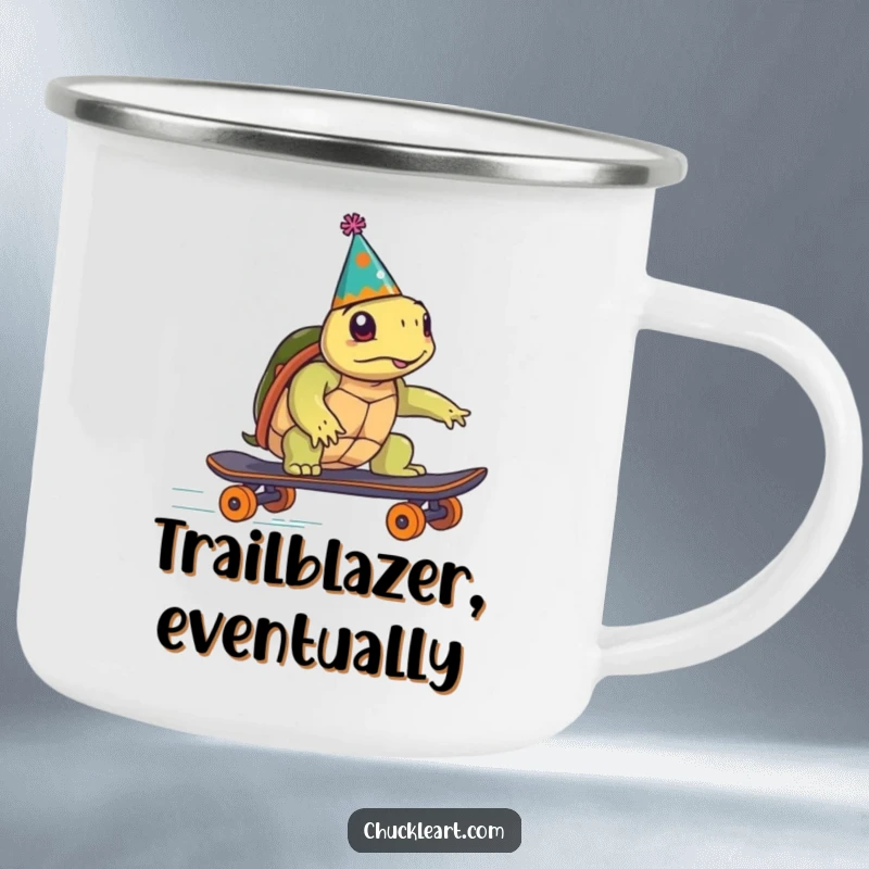 Funny turtle wearing a party hat humorously tries to speed on a skateboard, on a durable camping mug, great for a funny gift.