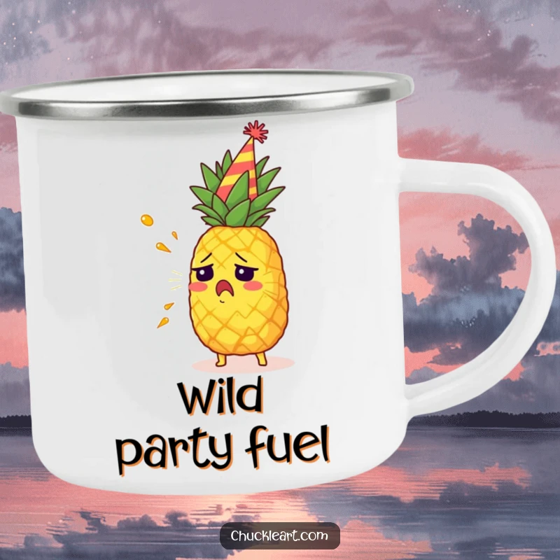 Funny startled pineapple wearing a party hat, spraying juice, a durable and humorous camping mug.