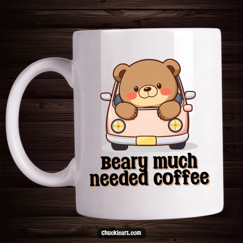 Funny mug showing a very chubby bear comically spilling out of a tiny miniature car, a humorous scene of overestimation and ambition.