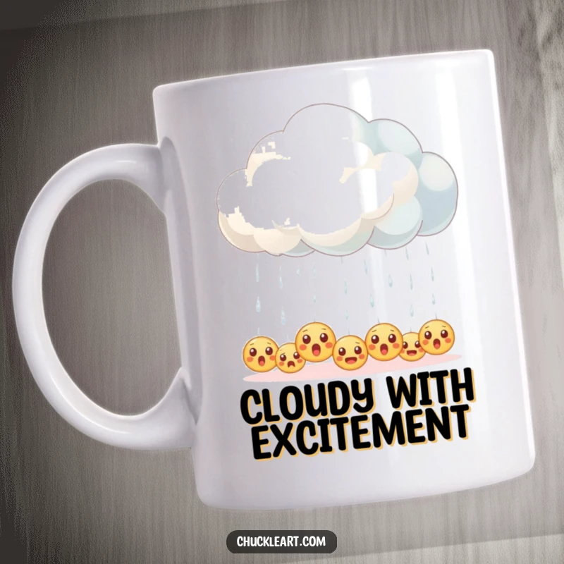 Funny mug with a fluffy cloud accidentally raining tiny, surprised emoji faces.