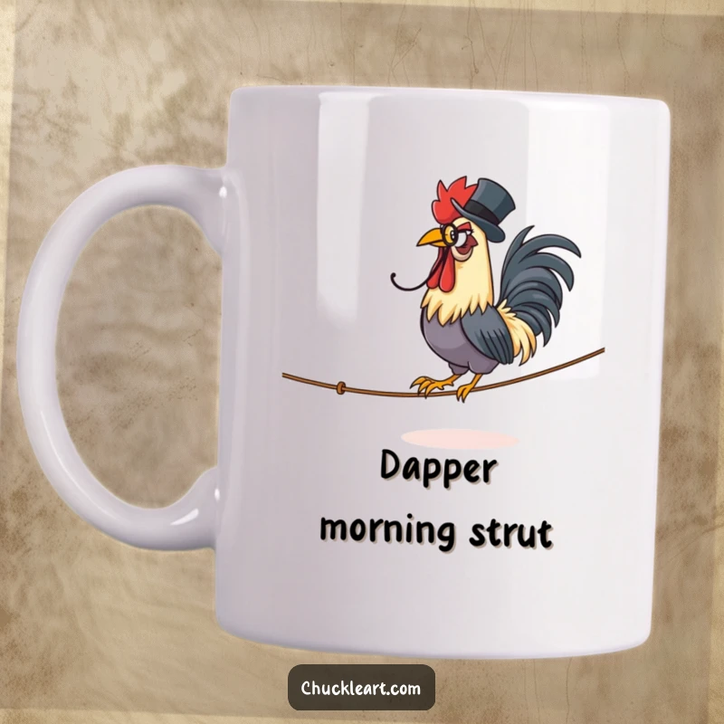 Funny mug featuring a proud rooster in a monocle and top hat confidently strutting on a tightrope.