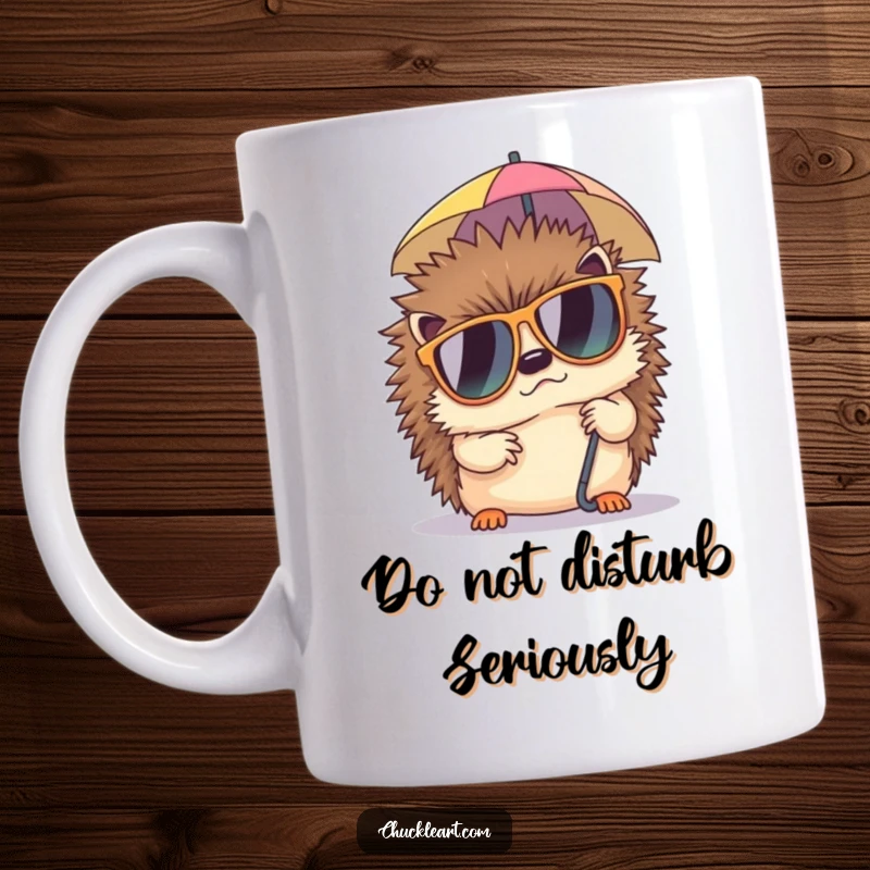 Funny mug with a grumpy hedgehog in sunglasses napping under a tiny umbrella, radiating ultimate chill vibes.