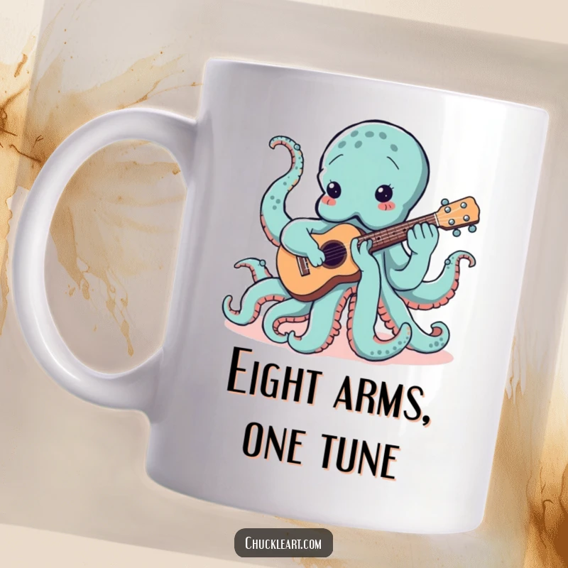 Funny octopus with eight tentacles tangled around a ukulele, trying to play music, on a mug, for a comical musical vibe.