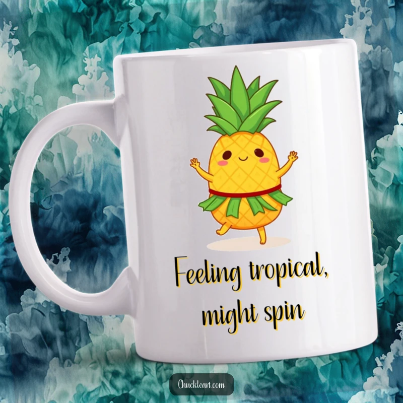 Funny mug with a dancing pineapple wearing a tiny hula skirt, spinning with joyful energy, radiating tropical vibes.