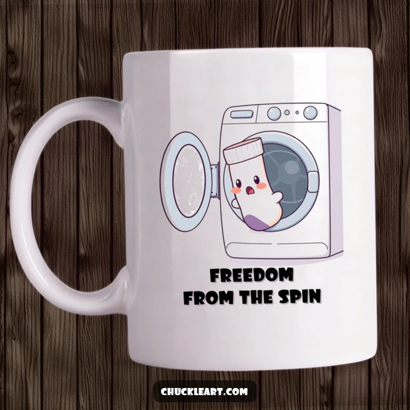 Funny mug depicting a startled sock with a hole in it, trying to flee a washing machine.