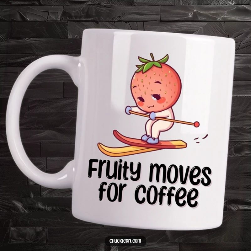 Funny skiing strawberry mug, a determined red berry masterfully balancing on a breadstick ski, embodying hilarious determination.