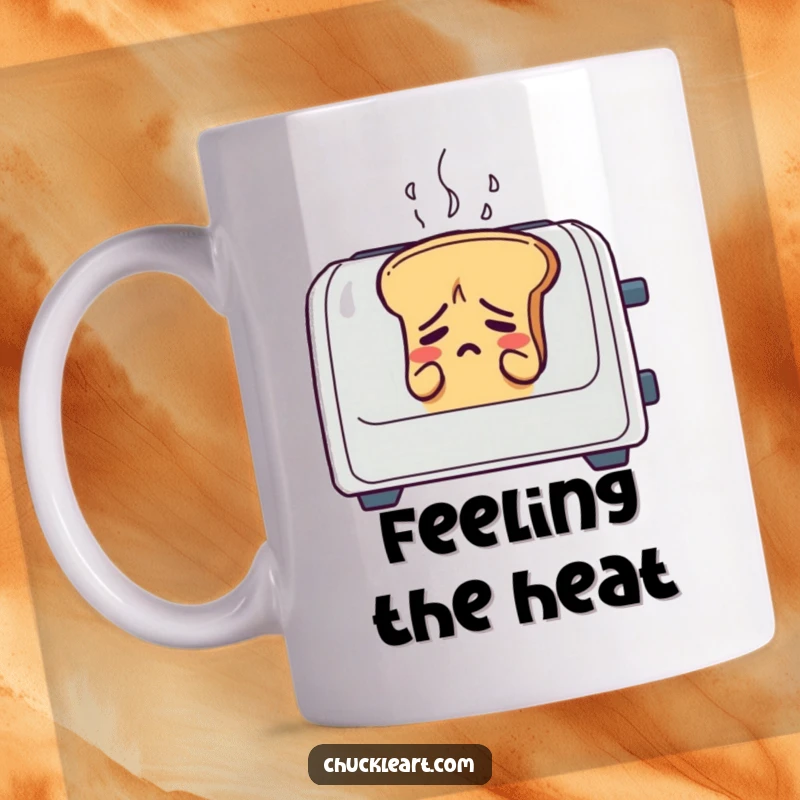 Funny loaf of bread sweating profusely in a toaster, depicted on a mug, relatable anxiety art.