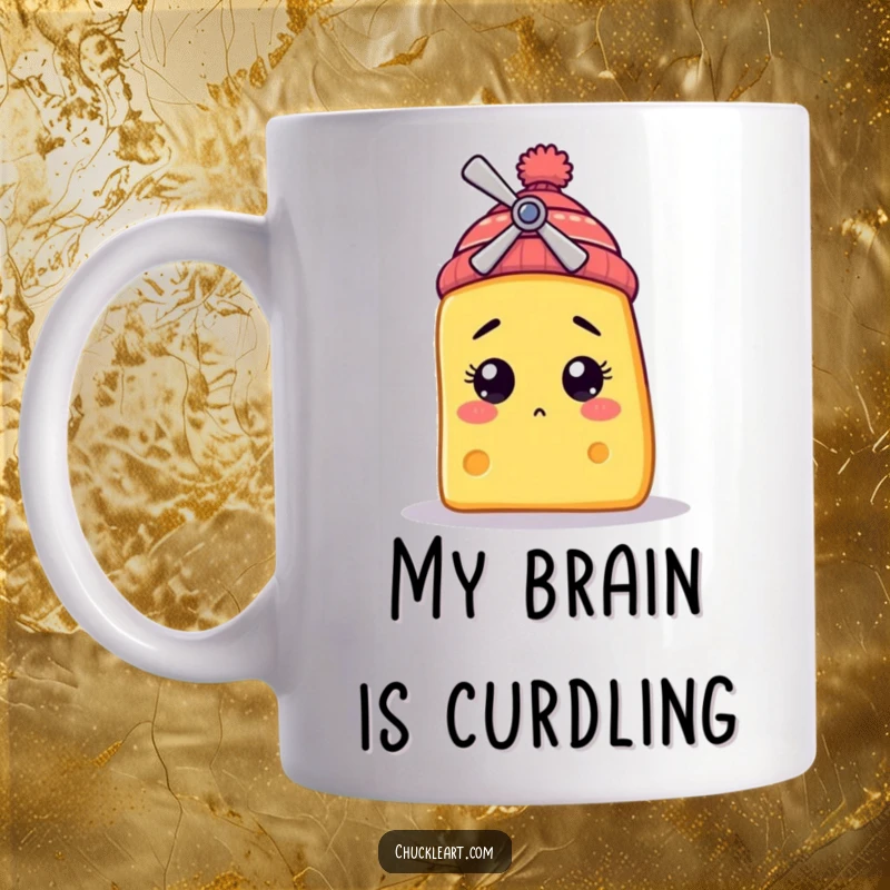 Funny mug featuring a bewildered cheese slice character wearing a tiny propeller beanie, a quirky and humorous design for coffee lovers.