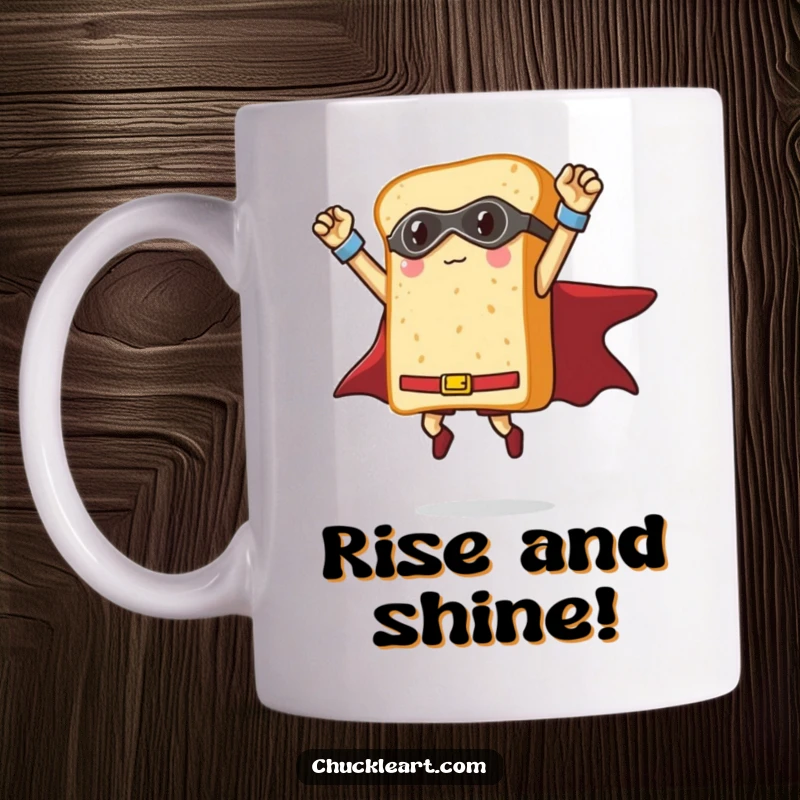 Funny loaf of bread dressed as a superhero, striking a triumphant pose mid-air, a humorous foodie mug design for breakfast lovers.
