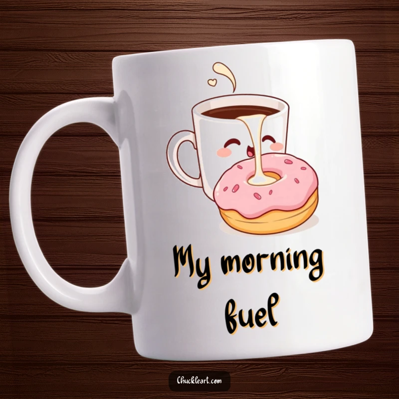 Funny mug showing a winking coffee cup pouring extra milk into a surprised donut, a delightful scene.