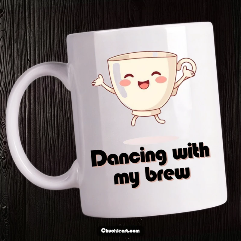 Funny mug featuring a teacup with arms and legs joyfully doing a silly, energetic dance, radiating happiness and movement.