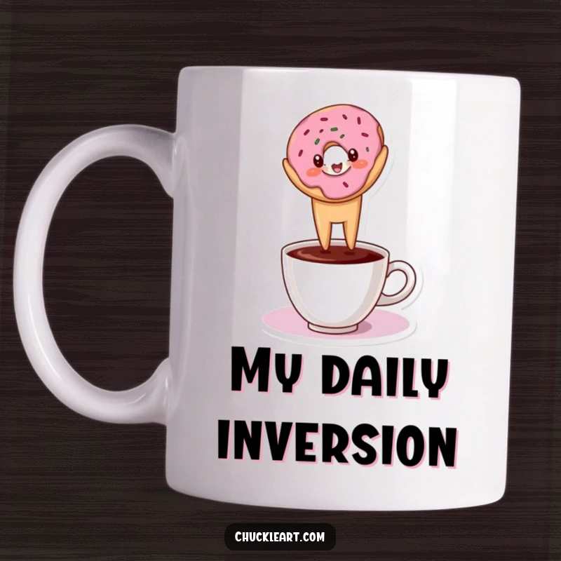Funny mug showing a donut performing a precarious headstand on top of a steaming coffee cup.