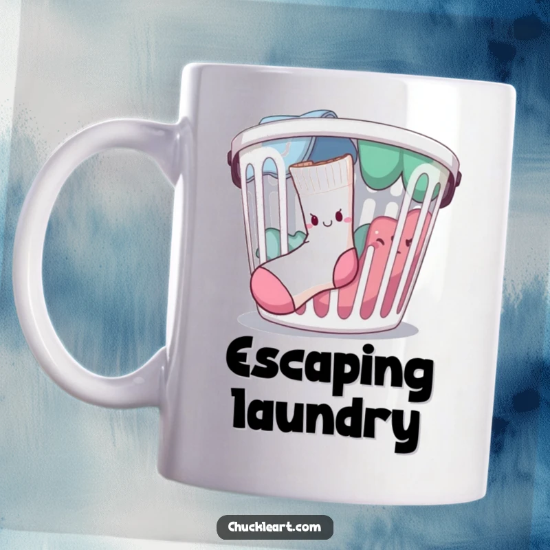 Funny determined single sock escaping a laundry basket, on a mug, representing laundry day rebellion.