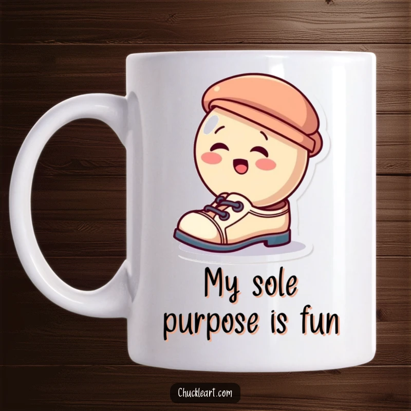 Funny mug featuring a giggling button character hilariously trying to wear a tiny hat as a shoe, a playful and absurd gift idea.