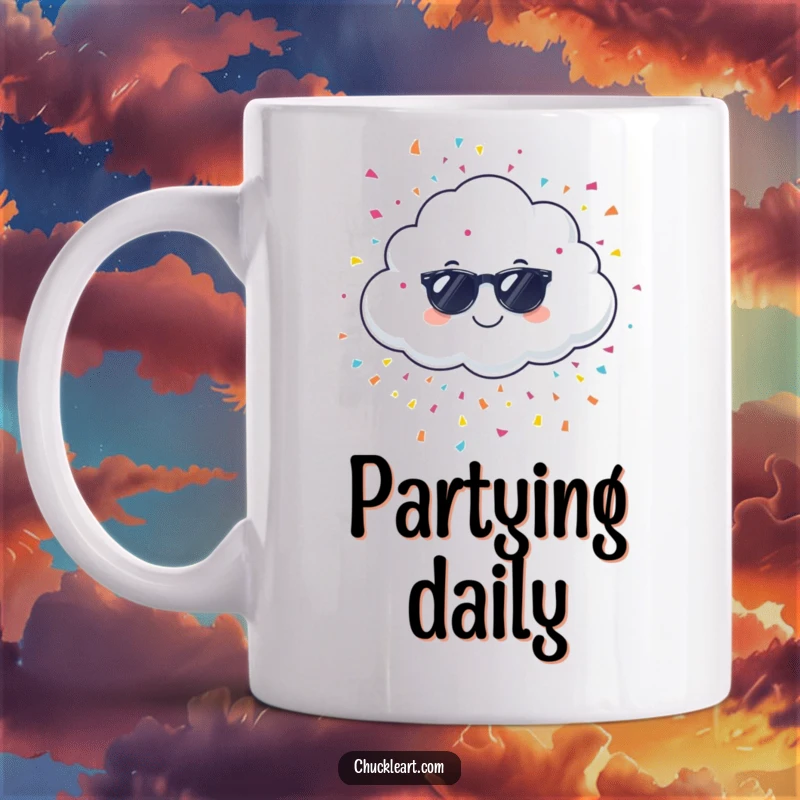 Funny giggling cloud wearing sunglasses, raining colorful confetti, on a mug, symbolizing joyous celebration.