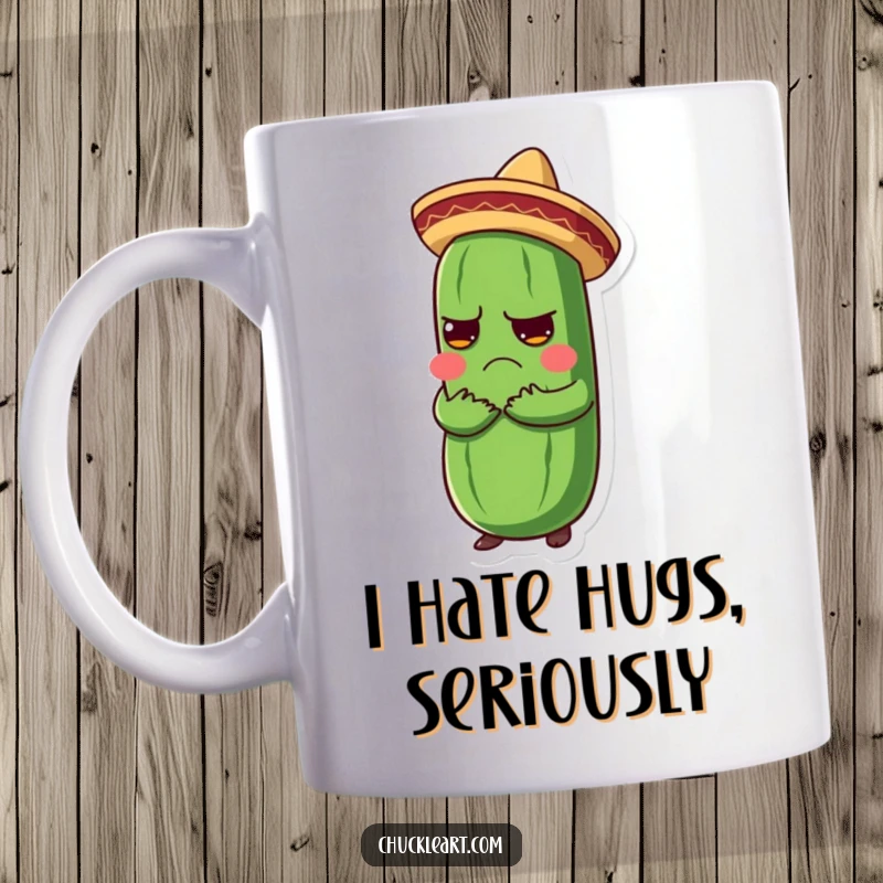 Funny mug showcasing a grumpy pickle in a tiny sombrero being hugged, expressing reluctant joy and fiesta spirit.