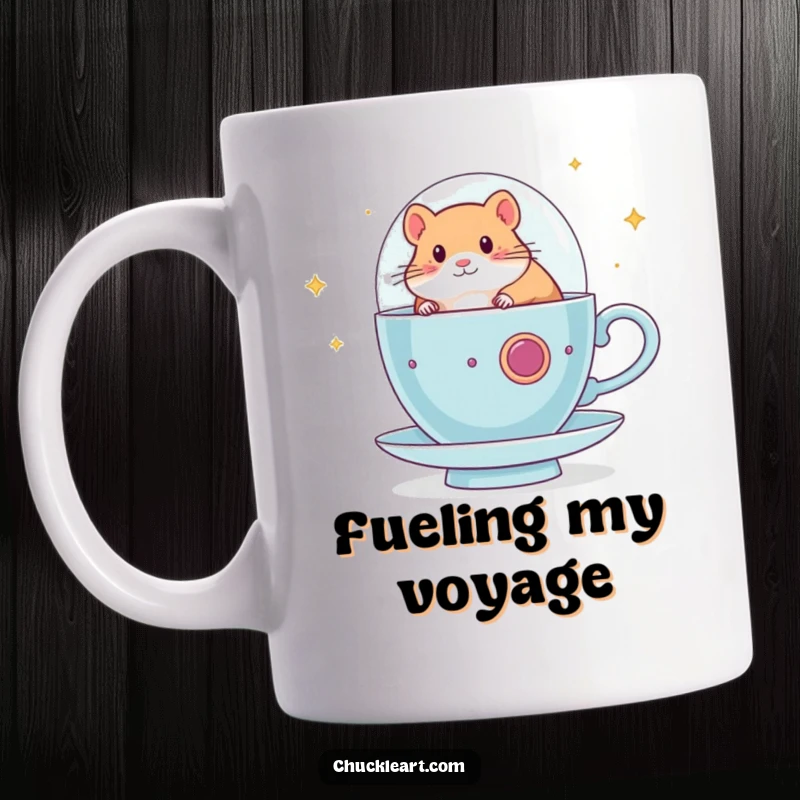 Funny hamster mug showing a brave hamster piloting a giant teacup like a spaceship, embarking on a cosmic journey with a funny twist.