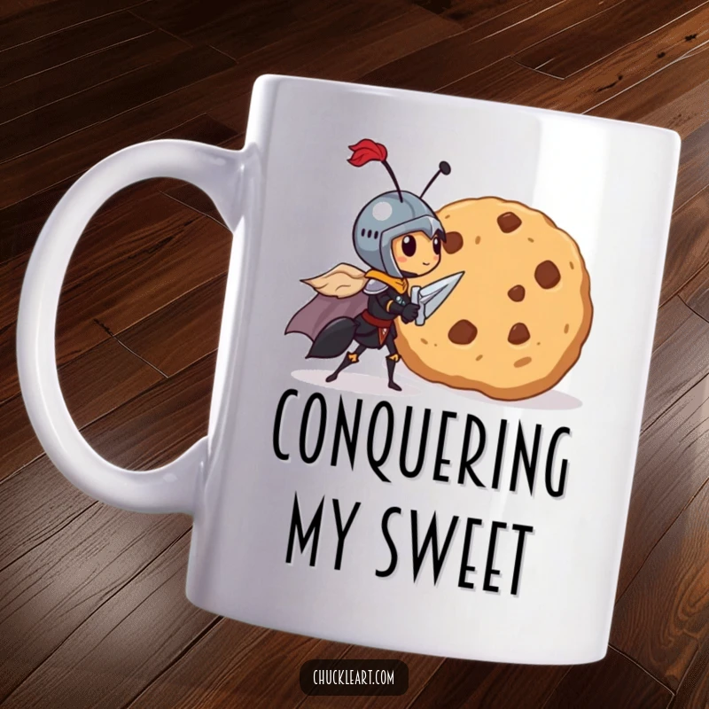 Funny mug showcasing a brave, tiny ant knight in shining armor facing off against a giant, tempting cookie.