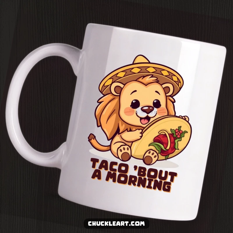 Funny lion wearing a tiny sombrero struggling to eat a massive taco, looking determined and slightly messy on a coffee mug.