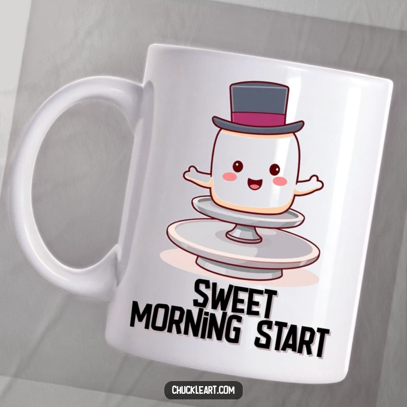 Funny cheerful marshmallow in a top hat attempts to balance on a spinning plate, perfect for a whimsical mug.