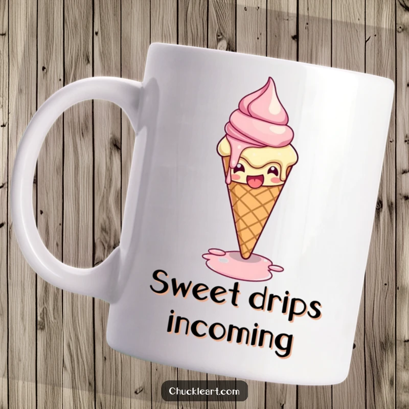 Funny mug showing a melting ice cream cone dramatically posing as it drips, capturing a moment of sweet, dramatic flair.