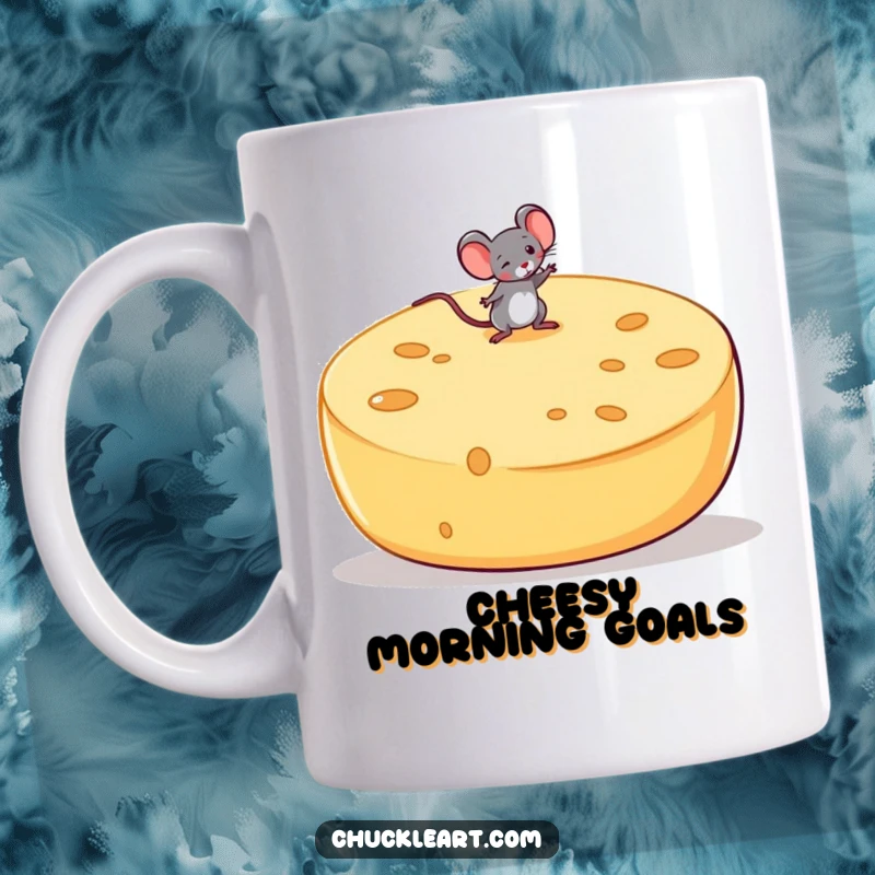Funny mouse precariously balanced on a huge, wobbly cheese wheel, depicted on a mug, celebrating cheesy adventures.