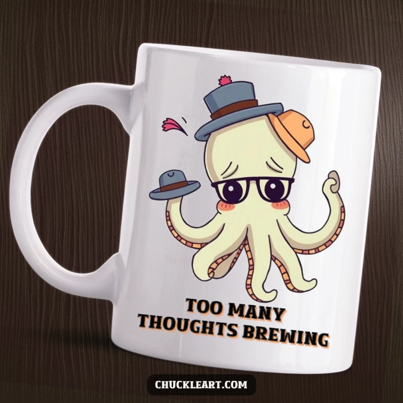 Funny confused octopus hilariously tangled in multiple hats, arms akimbo, on a mug, perfect for a funny gift.