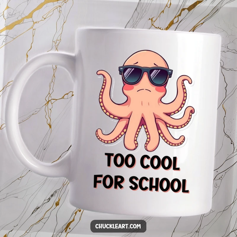 Funny confused octopus trying to wear sunglasses on all its arms, printed on a mug, ocean humor.