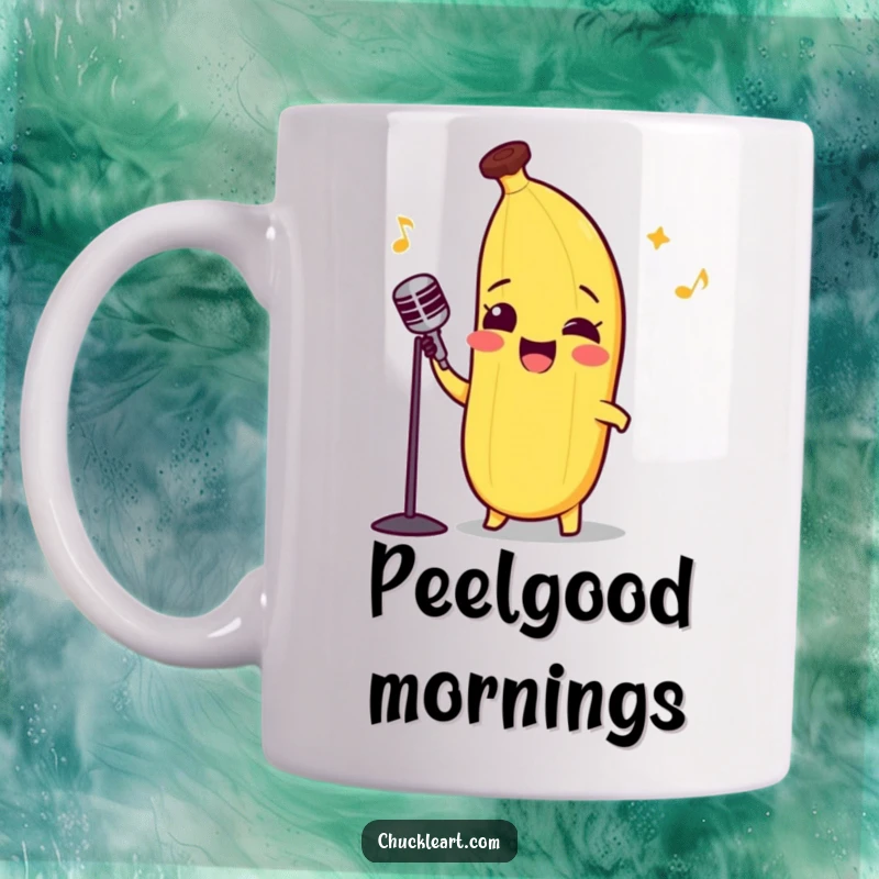 Funny mug with a happy, smiling banana wearing a tiny bow tie, belting out an opera tune.