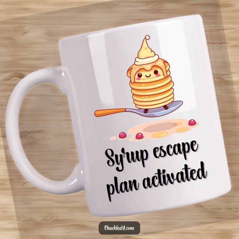Funny pancake stack mug with tiny hats, hilariously trying to escape a massive fork, showcasing a food-themed adventure.