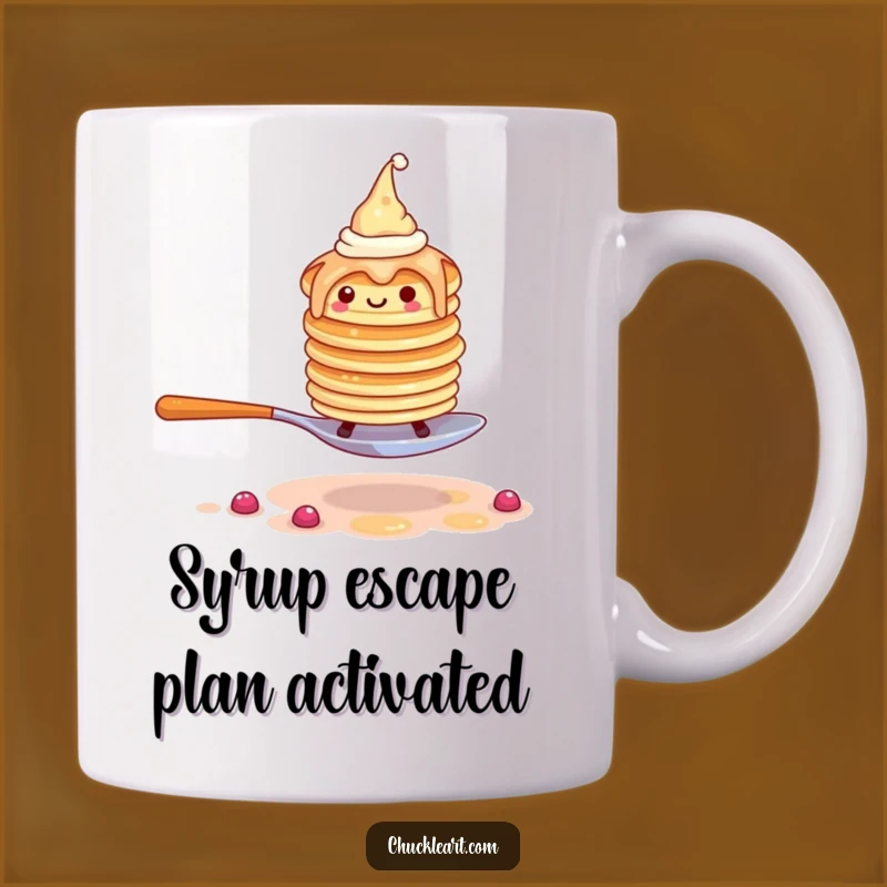 Funny Pancake Escape Mug: Wobbly Stack with Hats Dodging Giant Fork - Perfect Funny Gift!