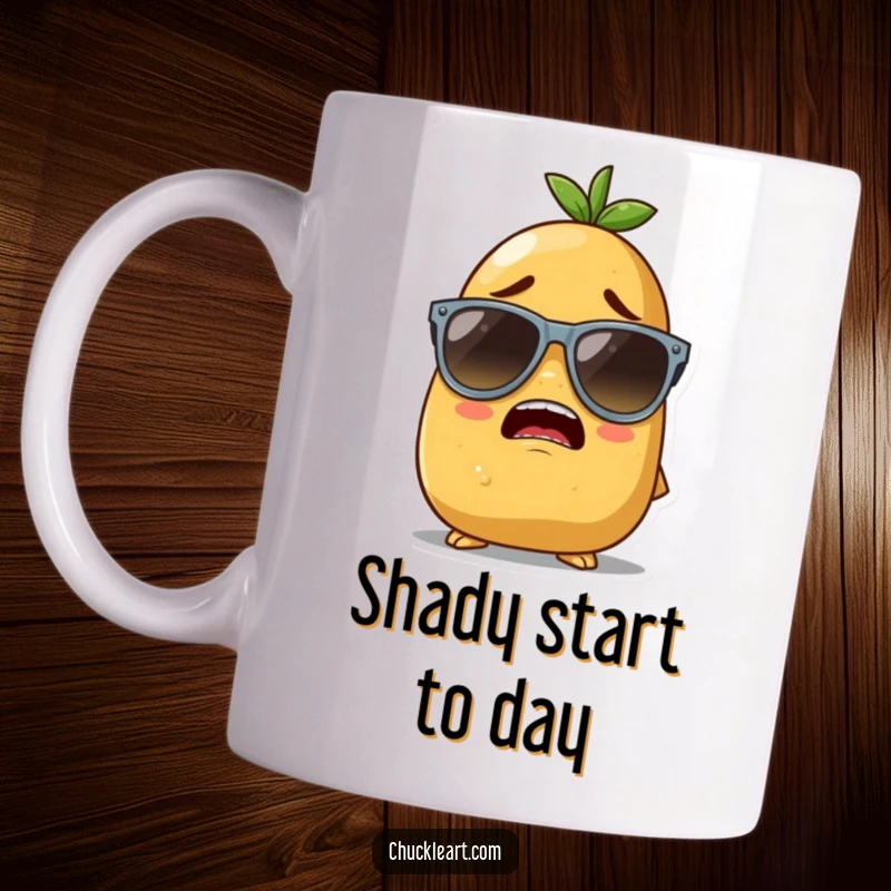 Funny mug showing a determined potato character hilariously trying to wear oversized sunglasses that keep slipping down its face.